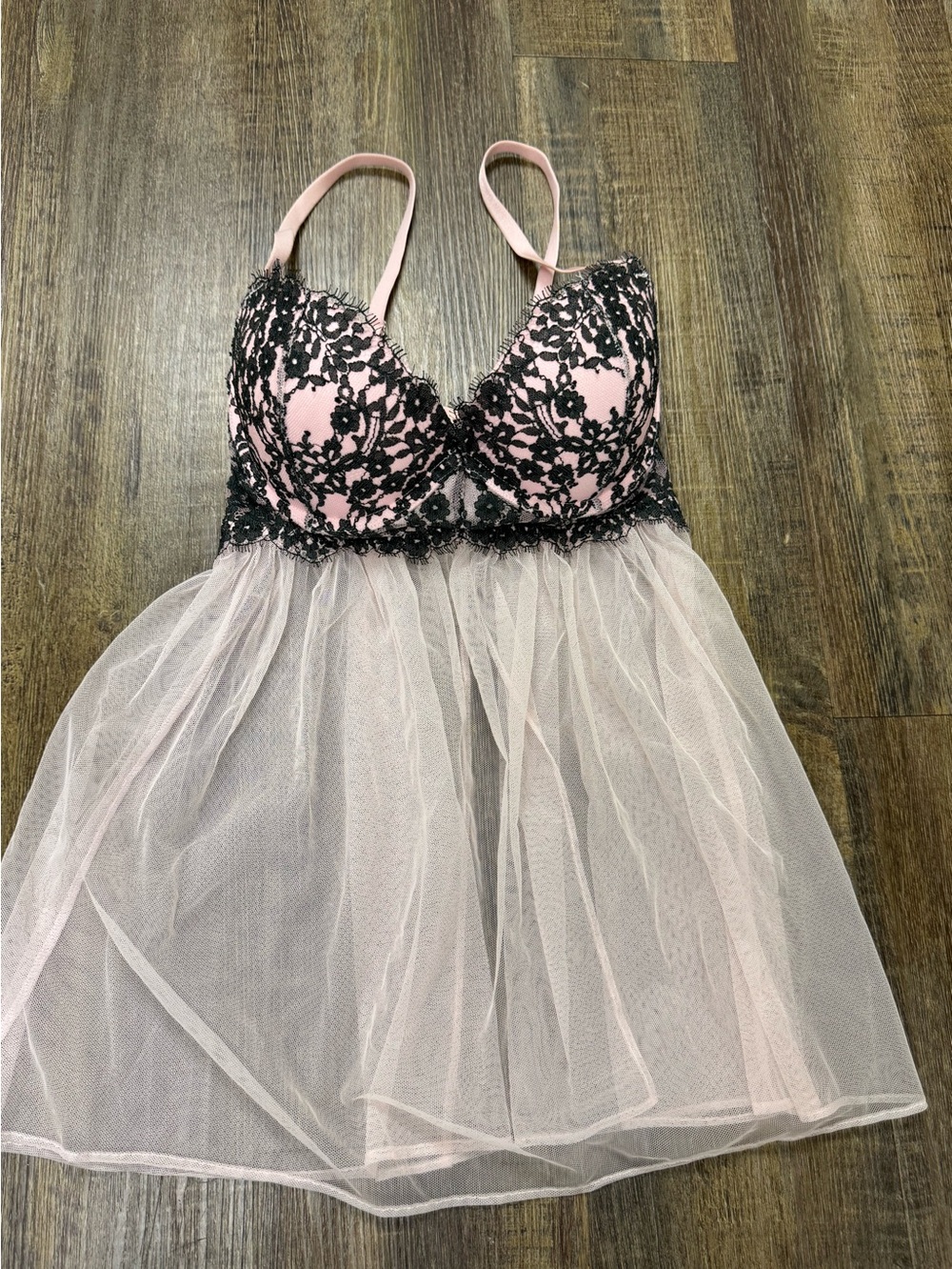Victoria’s Secret Women's Pink & Black Lace Babydoll Nightie